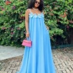 Women's Light Blue Flowy Floral Applique Maxi Dress with Pockets