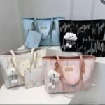 Women's 2-Piece Abstract Print Tote Bag Set with Plush Cloud Charm