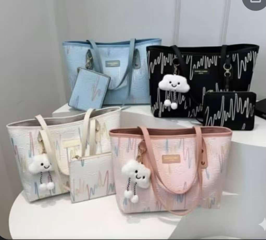 lynda secrets bag Women's 2-Piece Abstract Print Tote Bag Set with Plush Cloud Charm - Image 1